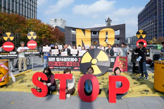 A rally demanding a stop to the release of treated radioactive water from the damaged Fukushima nuclear plant, Seoul, Nov. 2, 2023.