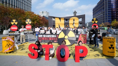 A rally demanding a stop to the release of treated radioactive water from the damaged Fukushima nuclear plant, Seoul, Nov. 2, 2023.