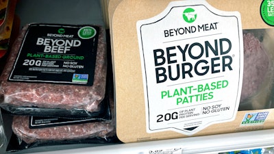 A selection of Beyond Meat products are displayed in a cooler at grocery store Monday, May 3, 2021, in Orlando, Fla.