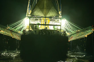 In this July 2021 photo provided by Sea Shepherd, the Chang Tai 802, a Chinese-flagged ship, fishes for squid at night on the high seas off the west coast of South America.