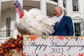President Joe Biden stands next to Liberty, one of the two national Thanksgiving turkeys, after pardoning them on the South Lawn of the White House, Nov. 20, 2023.