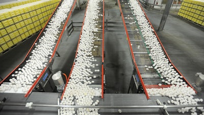 Eggs on conveyor belts at Rose Acre Farms Inc., Cortland, Ind., July 28, 2012.