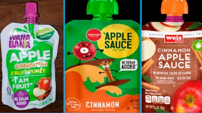This image provided by the U.S. Food and Drug Administration on Thursday, Nov. 17, 2023, shows three recalled applesauce products - WanaBana apple cinnamon fruit puree pouches, Schnucks-brand cinnamon-flavored applesauce pouches and variety pack, and Weis-brand cinnamon applesauce pouches.