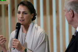 Mariam Almheiri, United Arab Emirates Minister of Climate Change and Environment, speaks next to Agriculture Secretary Tom Vilsack at the COP28 U.N. Climate Summit, Dubai, Dec. 8, 2023.
