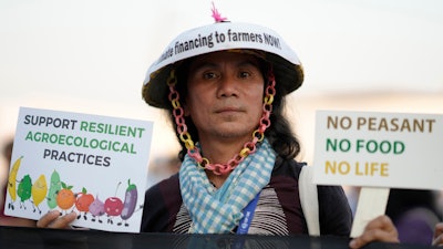 An activist at the COP28 U.N. Climate Summit, Dubai, United Arab Emirates, Dec. 9, 2023.