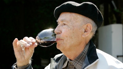 Winemaker Mike Grgich sips a glass of his Cabernet Sauvignon wine at the Grgich Hills Estate winery, Rutherford, Calif., Sept. 15, 2008.