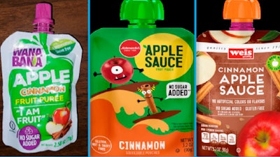 FDA image of three recalled applesauce pouches from Nov. 17, 2023.