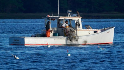 A lobster fisherman hauls a trap off Kennebunkport, Maine, Sept. 8, 2022.