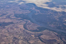 Aerial view of the Mississippi River in Arkansas and Mississippi.