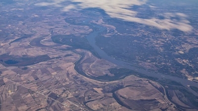 Aerial view of the Mississippi River in Arkansas and Mississippi.