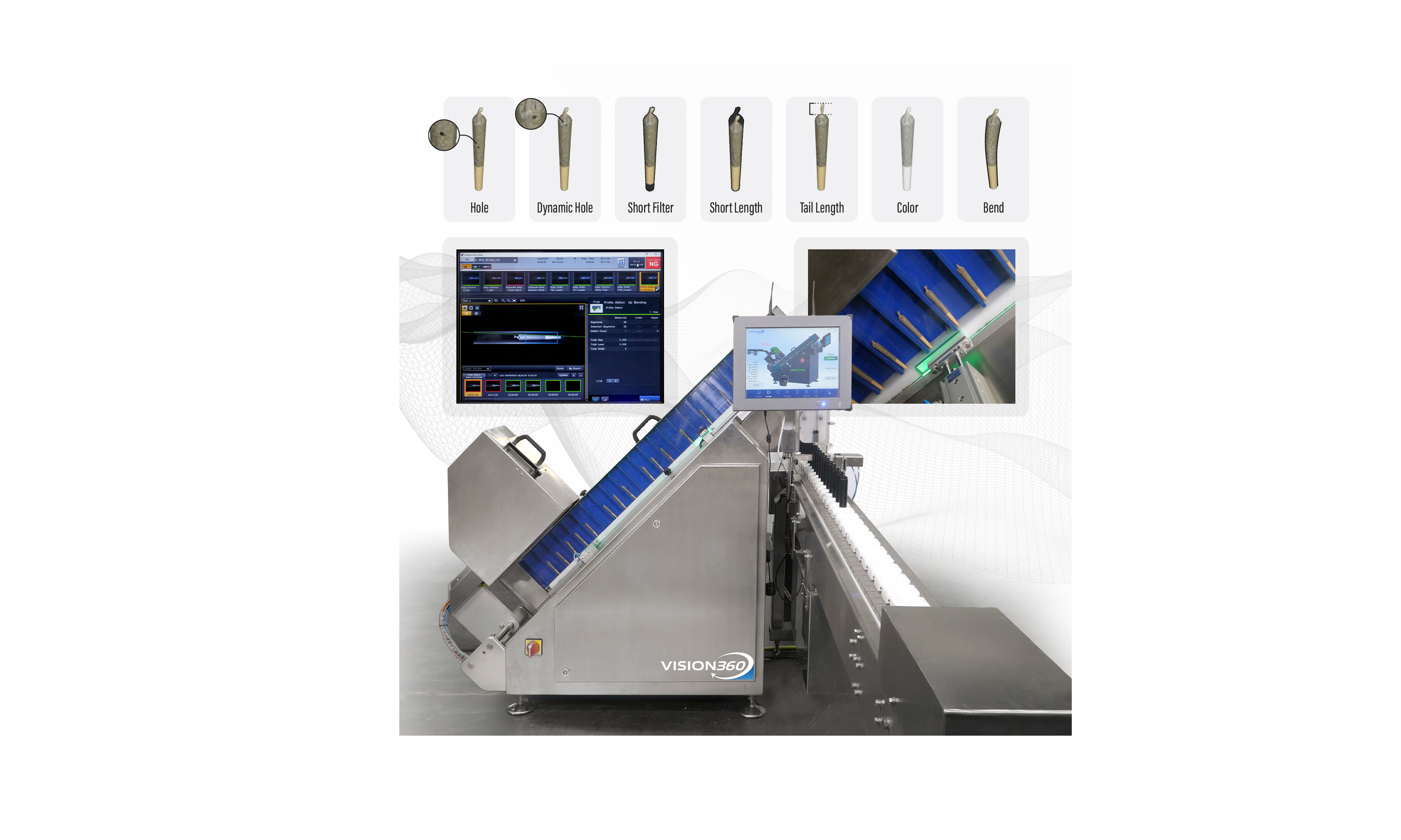 The Vision360 Inspection System from WeighPack Systems automatically inspects pre-roll filter, body and twist for length, depth, cuts, tares and any other irregularities.
