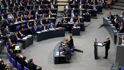 German Chancellor Olaf Scholz speaks during a general debate on the budget at the German parliament Bundestag, Berlin, Jan. 31, 2024.