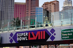 A sign for Super Bowl 58 on a pedestrian walkway across the Las Vegas Strip, Jan. 30, 2024.