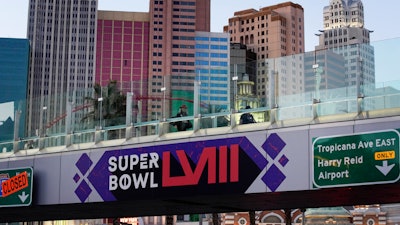A sign for Super Bowl 58 on a pedestrian walkway across the Las Vegas Strip, Jan. 30, 2024.