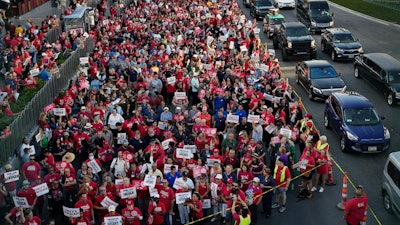 Members of the Culinary Workers Union rally along the Las Vegas Strip, Aug. 10, 2023.