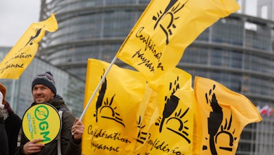 Farmers protest outside the European Parliament, Strasbourg, France, Feb. 6, 2024.