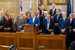 Nebraska Gov. Jim Pillen and Republican state senators at a press conference in the Warner Chamber at the state Capitol, Feb. 12, 2024.