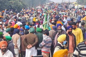 Farmers marching to New Delhi gather near the Punjab-Haryana border at Shambhu, India, Tuesday, Feb.13, 2024. Farmers are marching to the Indian capital asking for a guaranteed minimum support price for all farm produce.