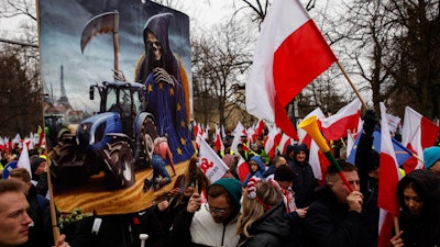 Polish farmers, hunters and their supporters hold a protest in Warsaw, March 6, 2024.