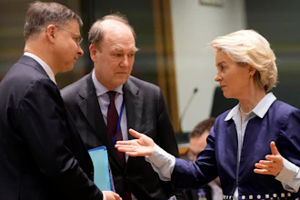 European Commission President Ursula von der Leyen, right, during the tripartite social summit at the European Council building in Brussels, March 20, 2024.