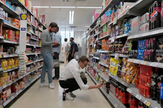 Shoppers buy food in a supermarket in London, on Aug. 17, 2022.