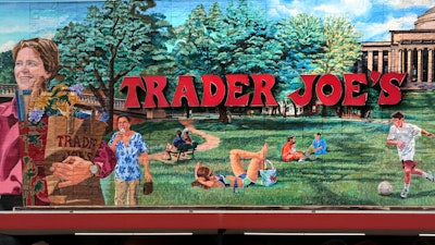 The Trader Joe's logo on a mural in Cambridge, Mass., Aug. 13, 2019.