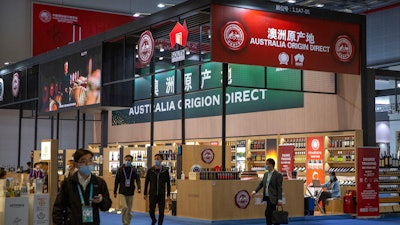 A display of Australian wines and other products at the China International Import Expo, Shanghai, Nov. 5, 2020.