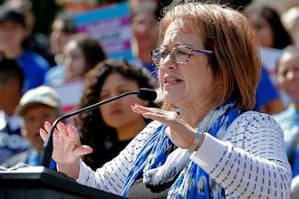 California state Sen. Maria Elena Durazo, D-Los Angeles, addresses a gathering in Sacramento, May 20, 2019.