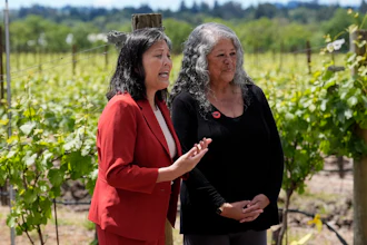 Acting Labor Secretary Julie Su, left, and Teresa Romero, president of United Farm Workers, at Balletto Vineyards, Santa Rosa, Calif., April 26, 2024.