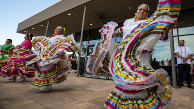Folklorico dancers from the group Viva Mexico at the Odessa Marriott Hotel and Convention Center, Odessa, Texas, May 5, 2021.