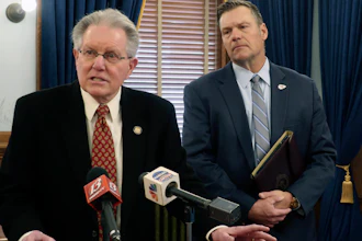 Kansas state Sen. Mike Thompson, R-Shawnee, at a news conference at the Statehouse in Topeka, Feb. 6, 2024.