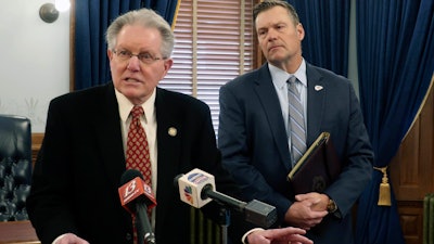 Kansas state Sen. Mike Thompson, R-Shawnee, at a news conference at the Statehouse in Topeka, Feb. 6, 2024.