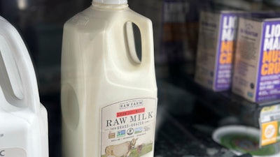 A bottle of raw milk displayed for sale at a store in Temecula, Calif., May 8, 2024.