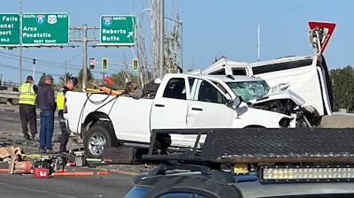 A pickup truck that was involved in a crash on U.S. Highway 20 in Idaho Falls, Idaho, May 18, 2024.