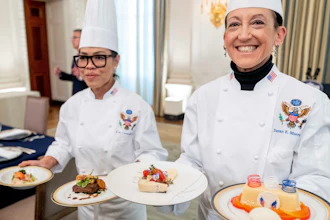 White House executive chef Cris Comerford, left, and executive pastry chef Susie Morrison in the State Dining Room, Nov. 30, 2022.