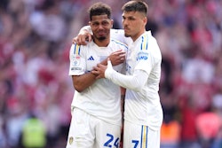 Leeds United's Georginio Rutter, left, and Joel Piroe after being defeated by Southampton in the Championship playoff final, Wembley Stadium, London, May 26, 2024.