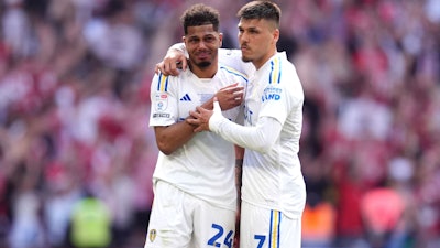 Leeds United's Georginio Rutter, left, and Joel Piroe after being defeated by Southampton in the Championship playoff final, Wembley Stadium, London, May 26, 2024.