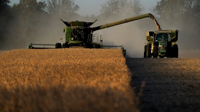 A combine harvests soybeans, Lynnville, Ky., Nov. 8, 2023.