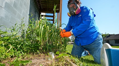 Scott Smith, whose testing in East Palestine, Ohio, has been sited in a petition by the Government; Accountability Project, tests onions grown in the garden of Tamara Lynn Freeze in East Palestine, Ohio, on Wednesday, June 12, 2024.