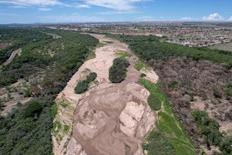 The dry Rio Grande riverbed.