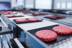 Conveyor in a factory of ready-made beef hamburger cutlets.