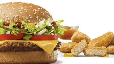 This image released by McDonald's in February, 2023, shows the McPlant plant-based burger and and the new plant-based McPlant Nuggets.
