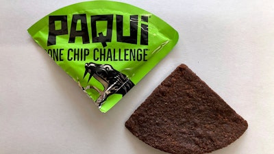 A Paqui One Chip Challenge chip displayed in Boston, Sept. 8, 2023.