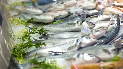 Tagged and labeled seafood in store.