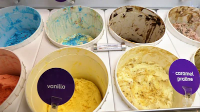 Large drums of ice cream, ready for consumers.