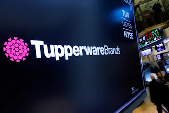 The logo for Tupperware Brands appears on a monitor on the floor of the New York Stock Exchange.