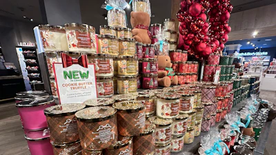 An arrangement of holiday-themed scented candles at a Bath and Body Works store, New York, Oct. 9, 2024.