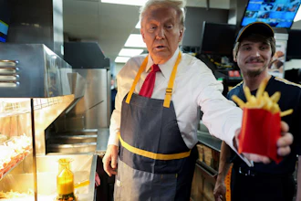 Former President Donald Trump hands off an order of fries at a McDonald's in Feasterville-Trevose, Pa., Oct. 20, 2024.