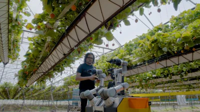 Dr Vishwanathan Mohan trialling the robot on the farm in Tiptree, Essex.