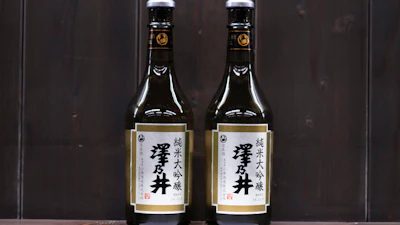 Bottles of Ozawa Sake's Sawanoi at the brewery in Ome, Japan, Nov. 13, 2024.